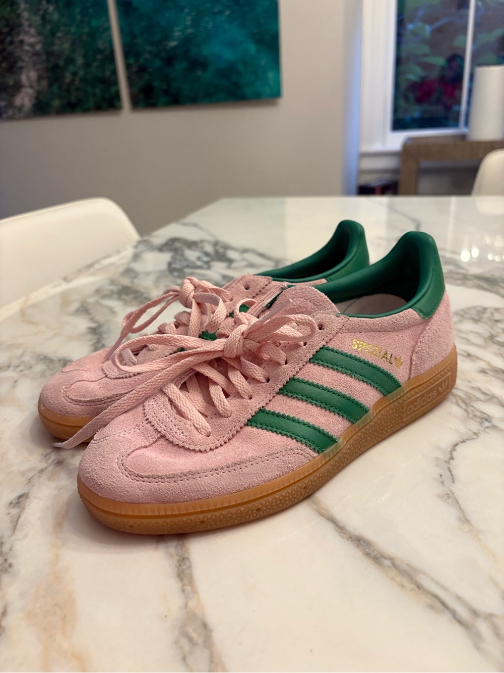 adidas Pink Suede Sneakers with Green Three-Stripes